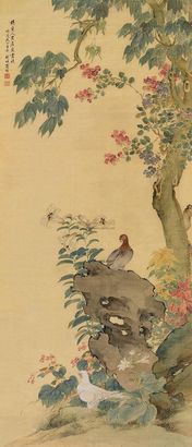 翁雒 丁酉（1837） 紫薇双鸽 立轴