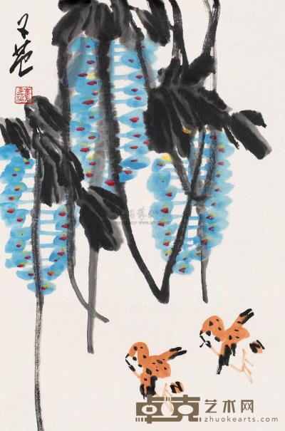 崔子范 花卉小鸟 镜片 68×45cm