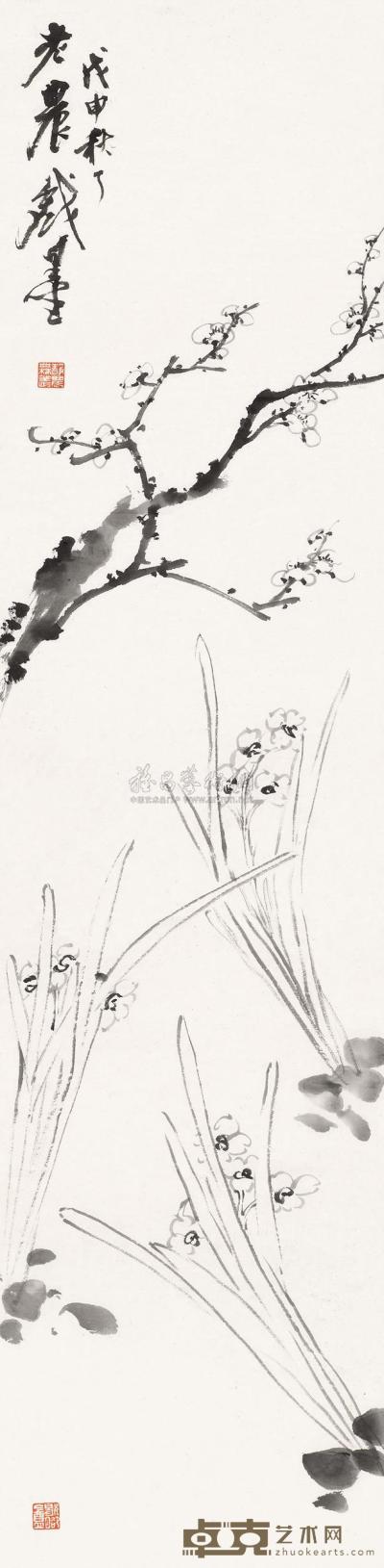 台静农 戊申（1968）年作 墨梅 镜心 103×25cm