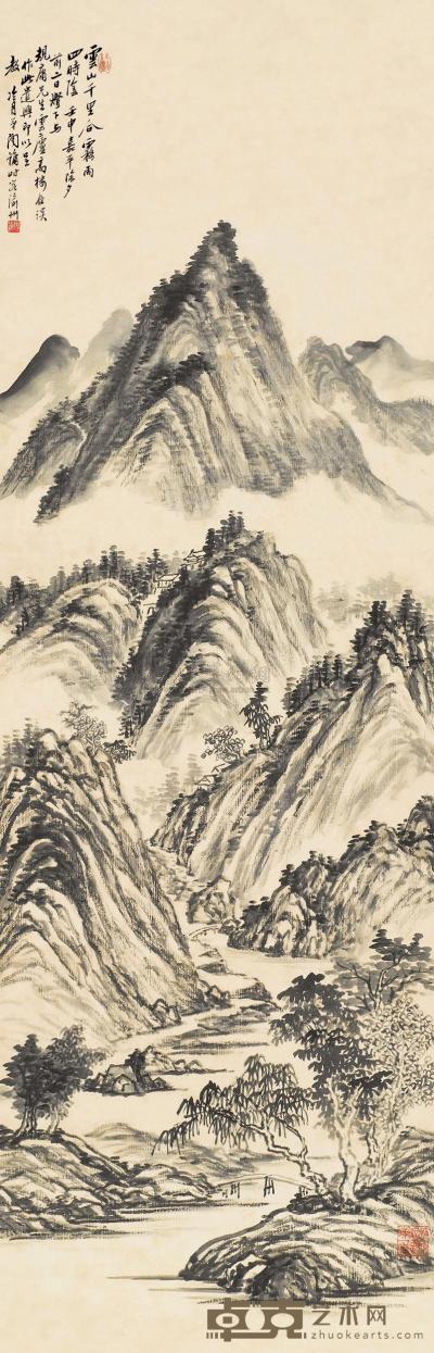 陶冷月 壬申（1932）年作 云山千里 立轴 101×32cm