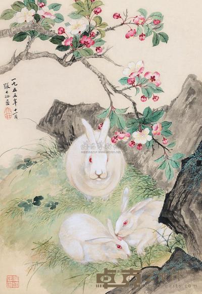 张大壮 1955年作 海棠玉兔 立轴 50×35cm