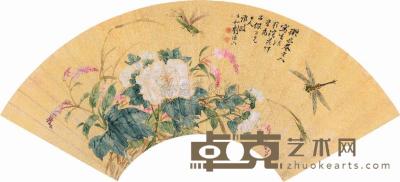 刘德六 芙蓉蜻蜓 扇片镜框 17.5×52cm