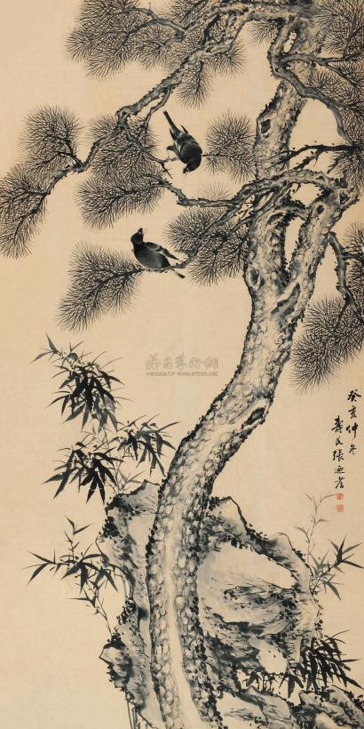 张乃耆 癸亥（1863）年作 松竹八哥 镜心