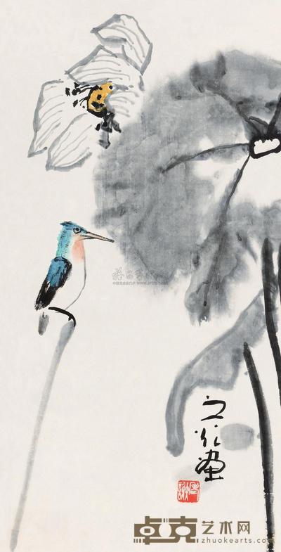 谢之光 莲塘翠鸟 立轴 72.5×37cm