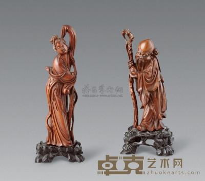 清 黄杨木雕寿星 仙女 （二件） 高15cm