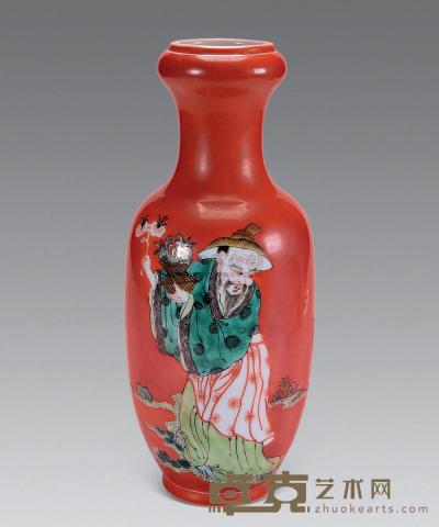 清 矾红彩人物蒜头瓶 高28cm