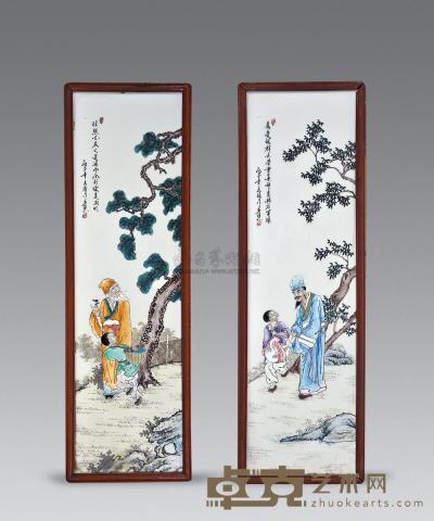 王琦款人物瓷板画 （一对） 连框121×37cm