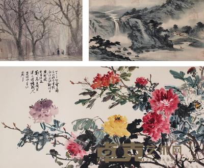 吴同利 等 雨景花卉 镜片 （三开） 尺寸不一