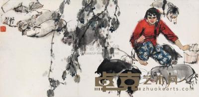 史国良 1980年作 喂猪图 镜框 65×133cm