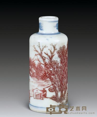 清 青花釉里红山水纹鼻烟壶 高6.5cm