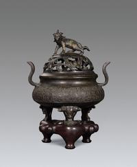 清 兽钮双耳铜香炉