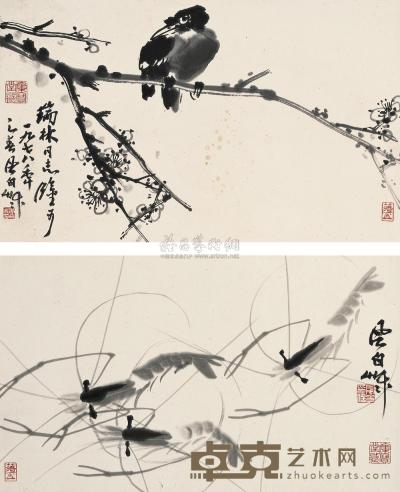 蒋凤白  1978年作 梅花小鸟 虾 (二帧) 双挖 27.5×46cm×2