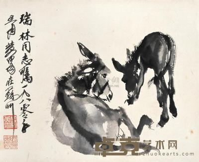 黄胄 1980年作 双驴 立轴 30×36.5cm