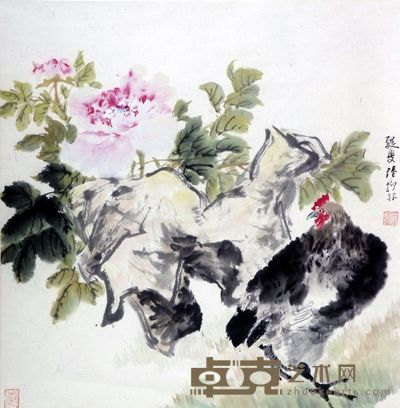 花卉鸡立轴 68×67
