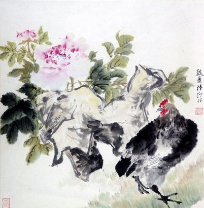 花卉鸡立轴