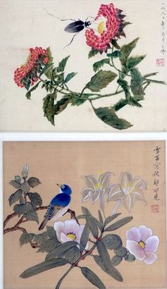 花鸟双挖立轴