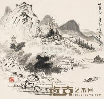 贺天健 己亥（1959）年作 溪山幽隐 立轴 32×34cm