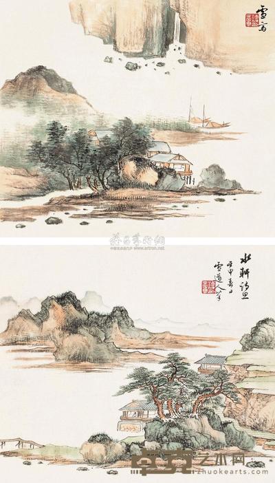 溥伒 壬申(1932)年作 水轩诗画 (二幅) 镜片 30×35cm×2