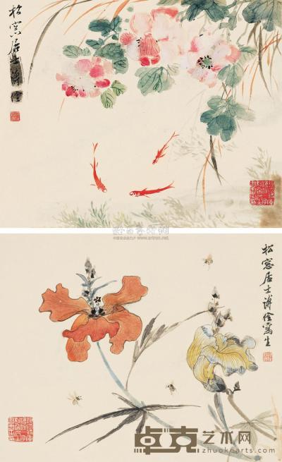 溥佺 写生花卉 （二幅） 镜片 27×33cm×2