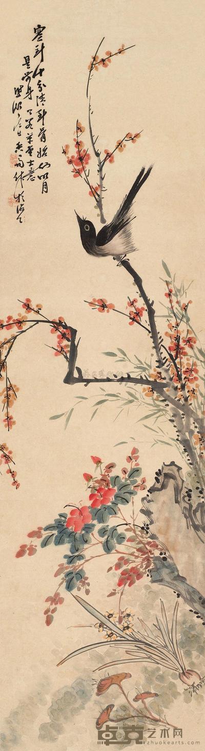 董琬贞 花卉小鸟 镜片 138×38cm