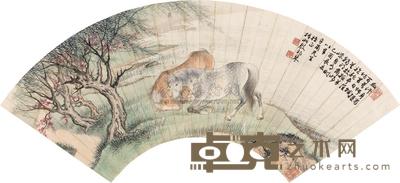 殷梓湘 乙酉（1945）年作 柳荫双骏 镜框 17×51cm