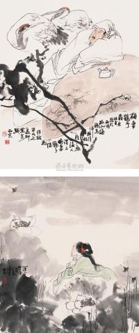 王西京 甲戌（1994）年作 梅妻鹤子 莲入梦香 （两幅） 镜心