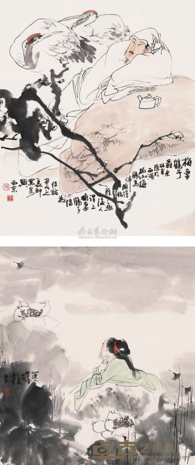 王西京 甲戌（1994）年作 梅妻鹤子 莲入梦香 （两幅） 镜心 68×61cm；69×84cm