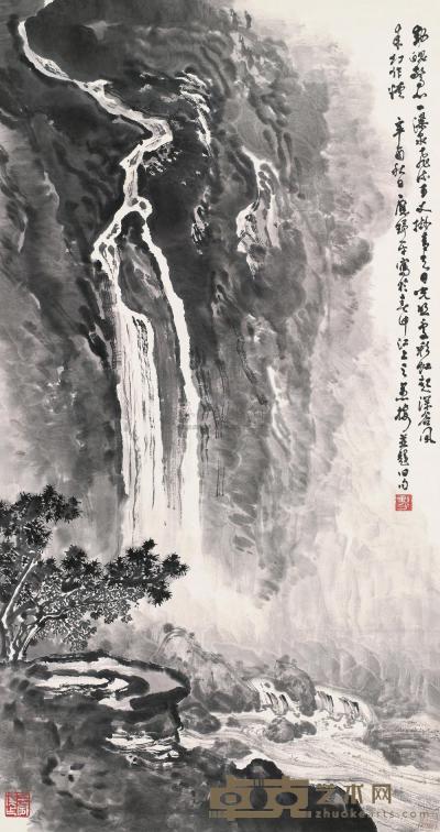 应野平 辛酉（1981）年作 瀑泉飞流 立轴 90×47.5cm