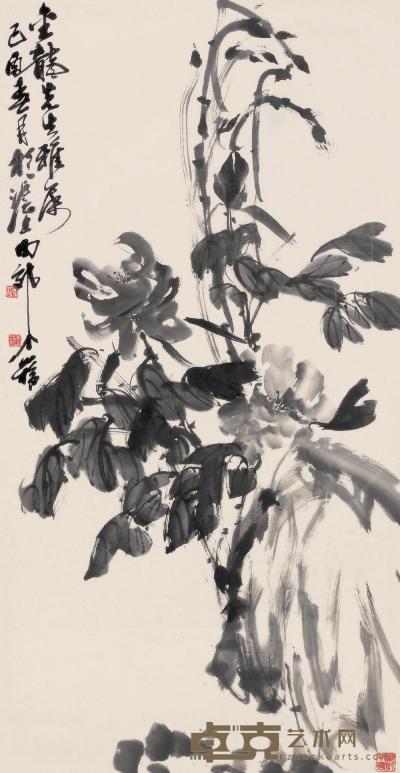 王个簃 己酉（1969）年作 富贵花开 镜框 97×50cm
