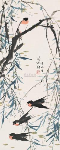 张辛稼 辛酉（1981）年作 春柳飞燕 立轴