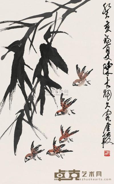 陈大羽 癸亥（1983）年作 墨竹飞噙 镜片 94×59cm