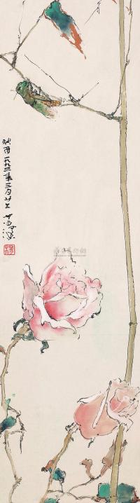 杨善深 癸酉（1993）年作 蔷薇与蝉 镜框
