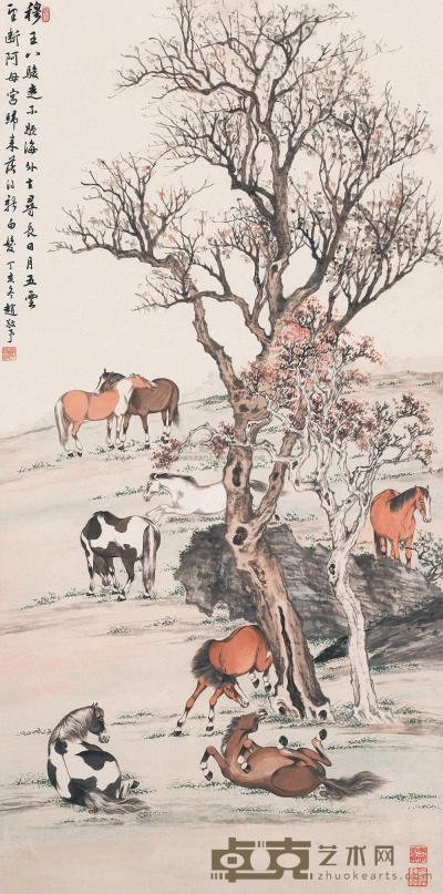 赵敬予 丁亥（1947）年作 八骏图 立轴 129×64cm