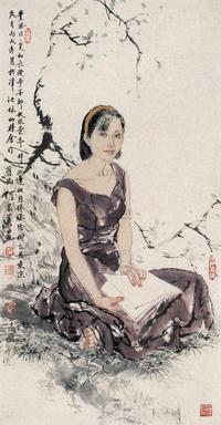 何家英 丙戌（2006年）作 读书纳凉图 镜心