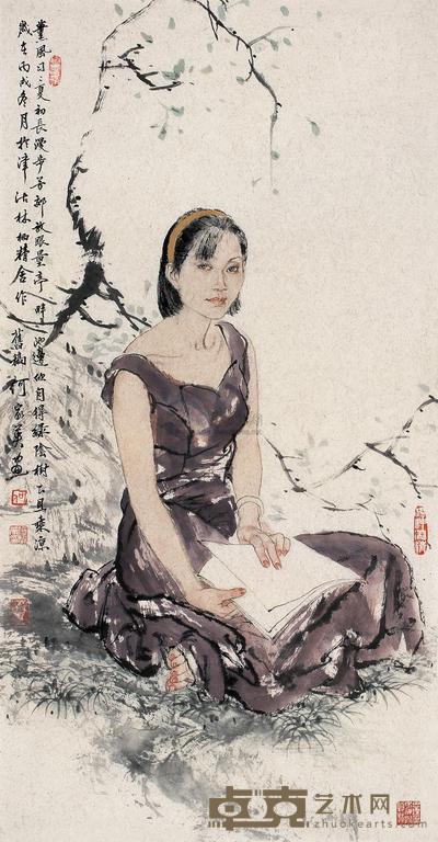 何家英 丙戌(2006年)作 读书纳凉图 镜心 97×51cm