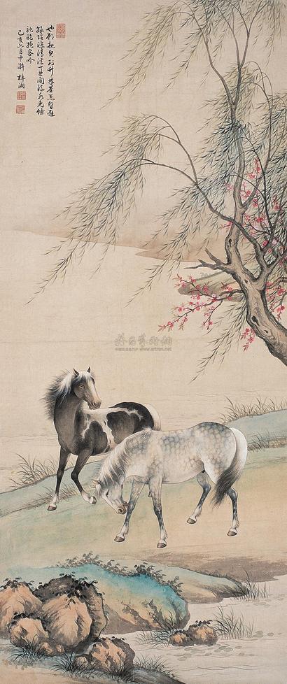 殷梓湘 己亥（1959年）作 双骏图 镜片