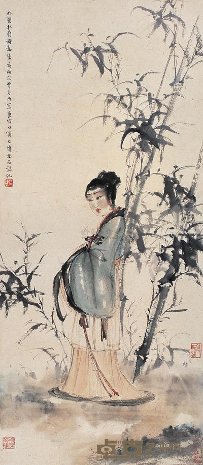傅抱石 丙戌（1946年）作 竹荫仕女图 镜片 85×37cm