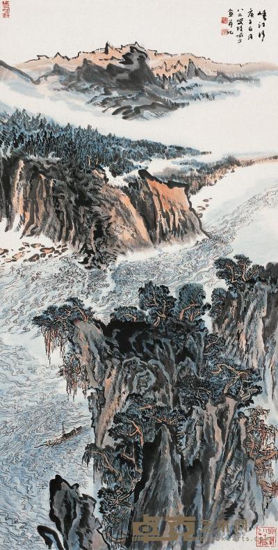 陆俨少 庚午（1990年）作 峡江行 镜片 136×68cm