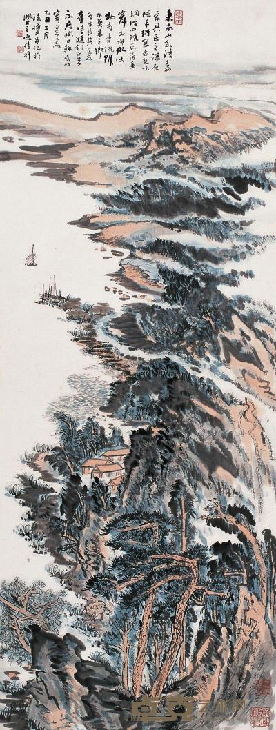陆俨少 乙丑（1985年）作 东南山水 镜片 152×58cm