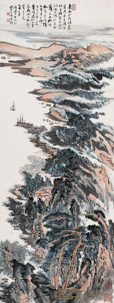陆俨少 乙丑(1985年)作 东南山水 镜片 152×58cm
