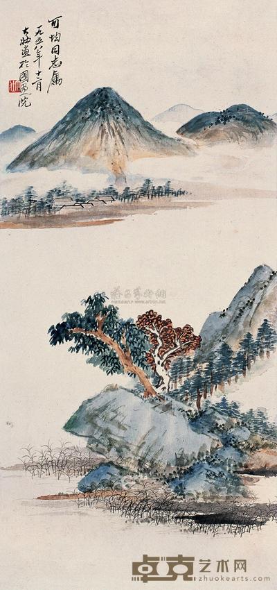 张大壮 1958年作 青绿山水 镜框 46.5×22cm