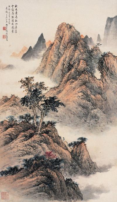 黄君璧 壬辰（1952年）作 秋山红树 立轴