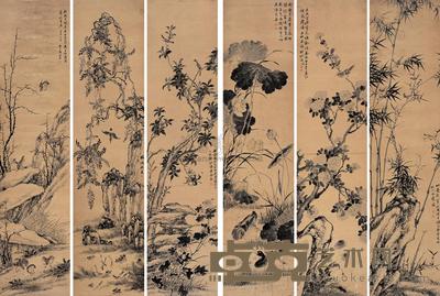 张乃耆 甲午(1834年)作 花鸟 六屏 243.5×58cm×6