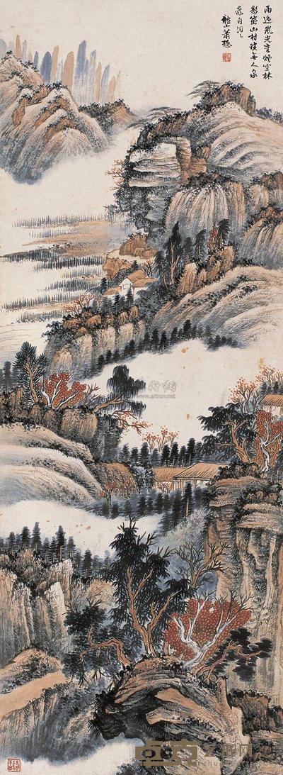 萧谦中 壬申(1932年)作 雨过岚光 立轴 136.5×50cm
