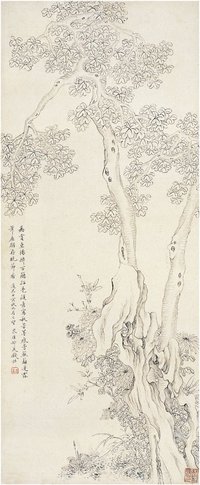 钱杜 1842年作 桐荫菊石图 立轴