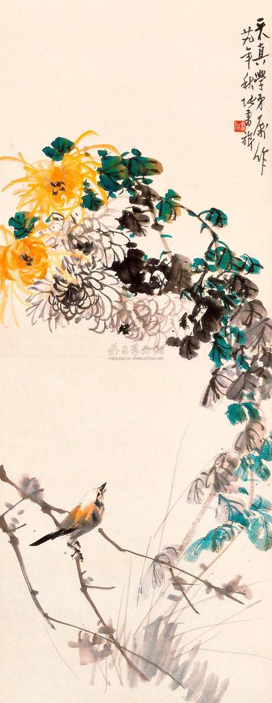 张书旂 1940年作 菊花小鸟 镜片