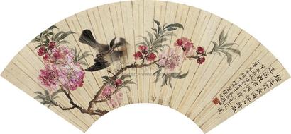 陆抑非 1940年作 桃花鸣禽 镜片