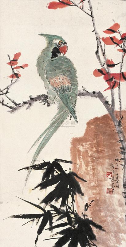 陆抑非 1966年作 花鸟鹦鹉 立轴