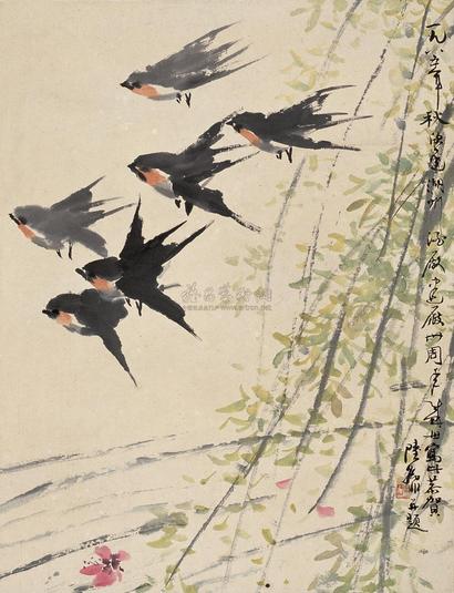 陆抑非 1985年作 花鸟 镜片