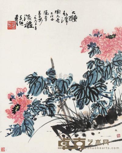 潘天寿 1965年作 红菊熏风图 镜框 70×56.2cm